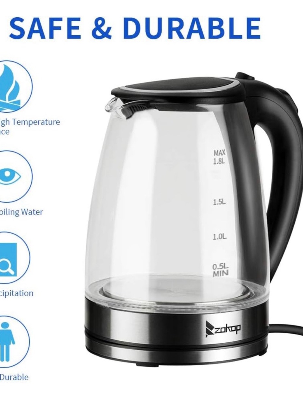 New Zokop Electric Glass Hot water Tea Kettle 1500W 1.8L Black Stainless Steel - Picture 12 of 12